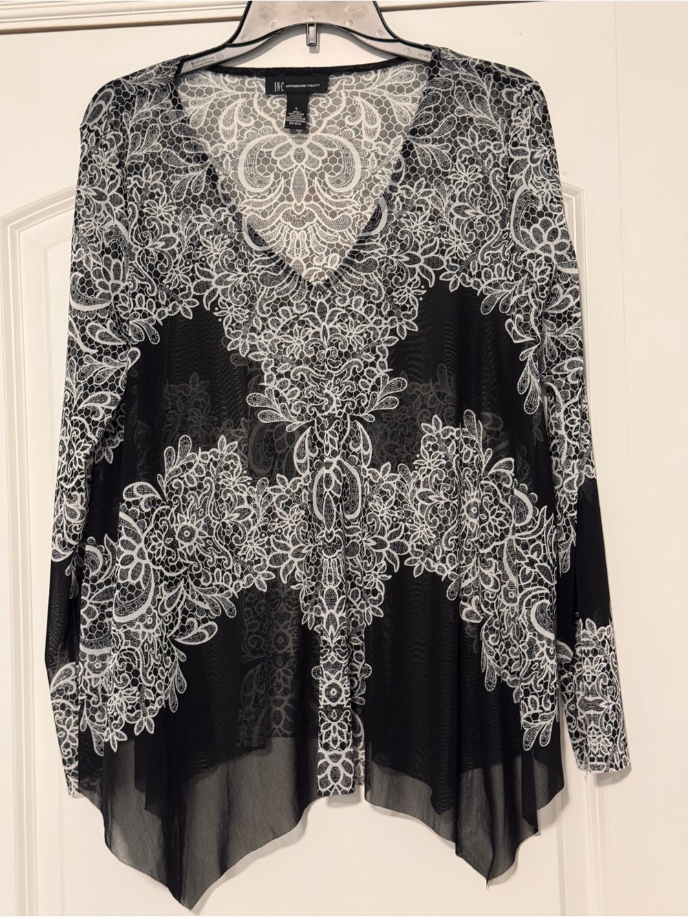 INC Black and White Lace-Print V-Neck Long Sleeve Sheer Top